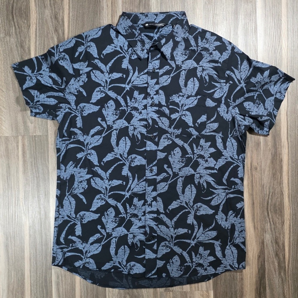 TravisMathew Mens Medium Blue Black Leaf Print Short Sleeve‎ Button Down Shirt